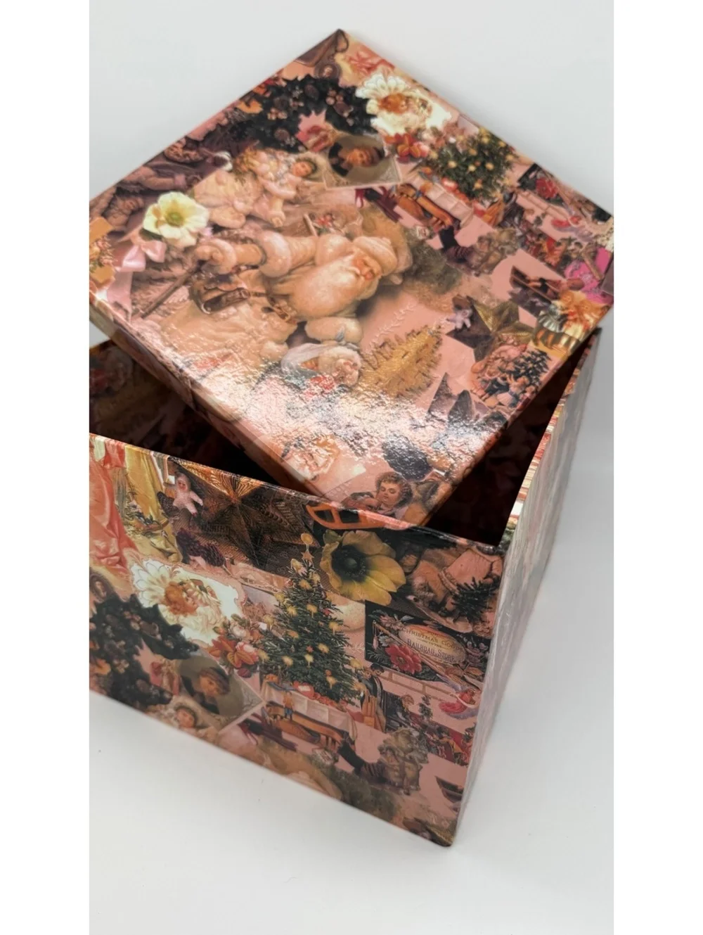 Vintage Christmas Decoupage Storage Box Santa Angels Collage 10.5”